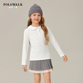 POLOWALK童装 纯色中大童百搭上衣 新品 女童长袖 娃娃领T恤2026春季