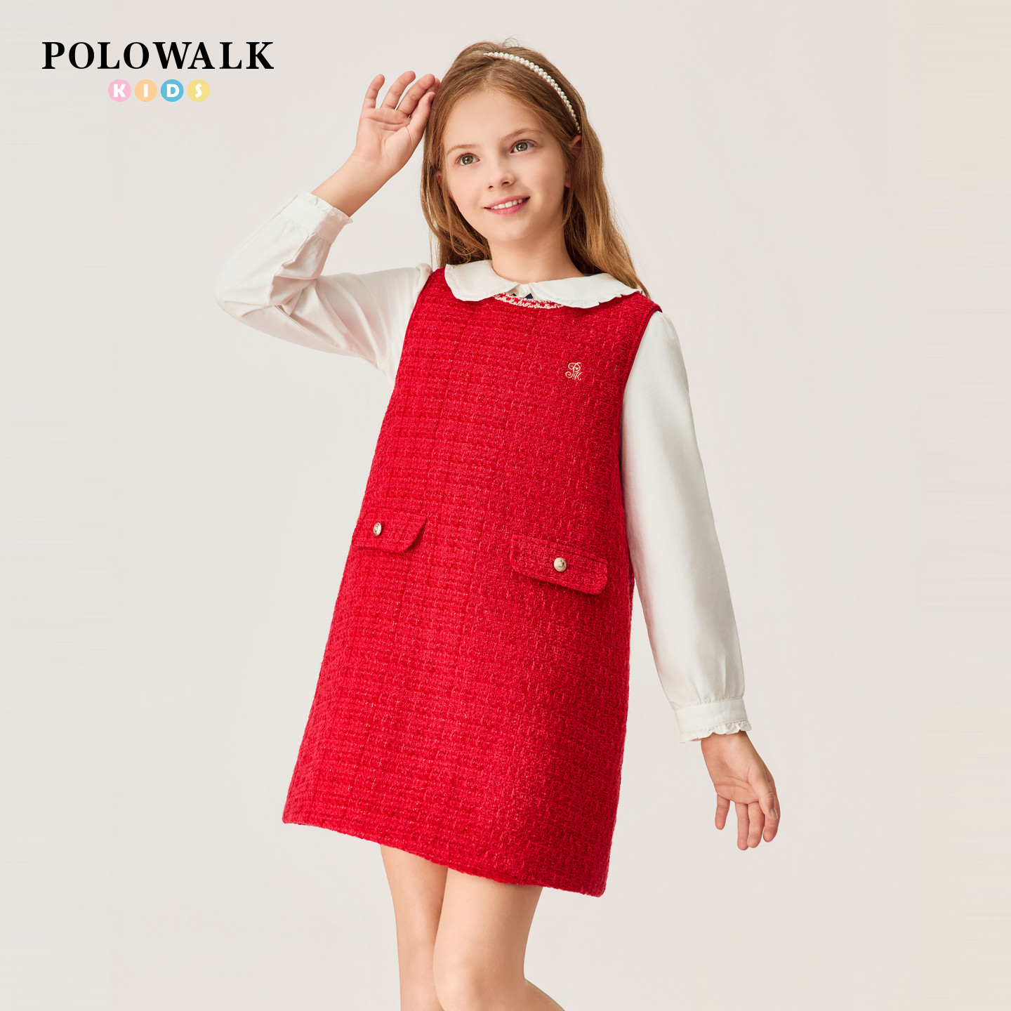 【新年款】POLOWALK童装女童无袖连衣裙2026新品撞色百搭红色裙子