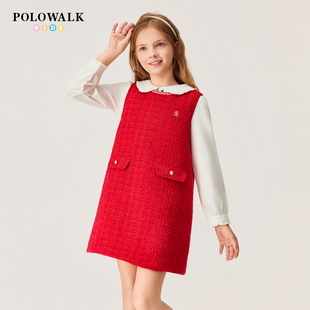 【新年款】POLOWALK童装女童无袖连衣裙2026新品撞色百搭红色裙子