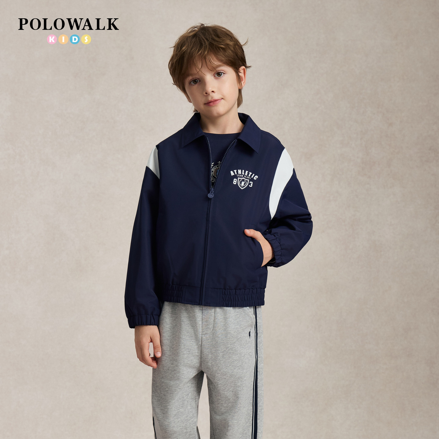 POLOWALK男童外套秋季新款翻领撞色拼接儿童马仔主题印花休闲上衣