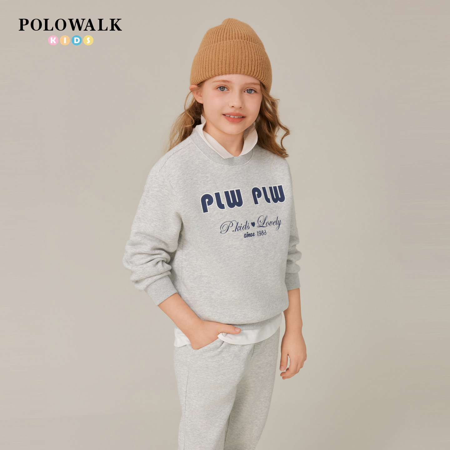 POLOWALK童装女童卫衣秋冬加绒套头衫2025新款圆领运动保暖上衣