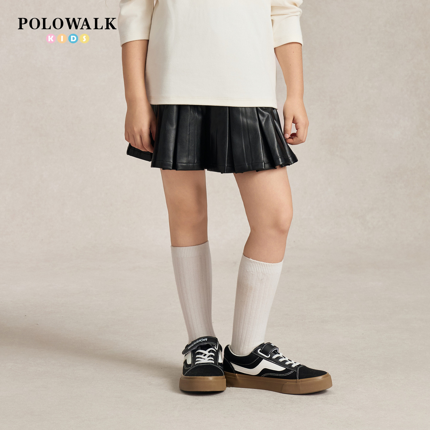 POLOWALK女童半身裙秋季款PU皮短裙松紧腰洋气中大童A字百褶短裙