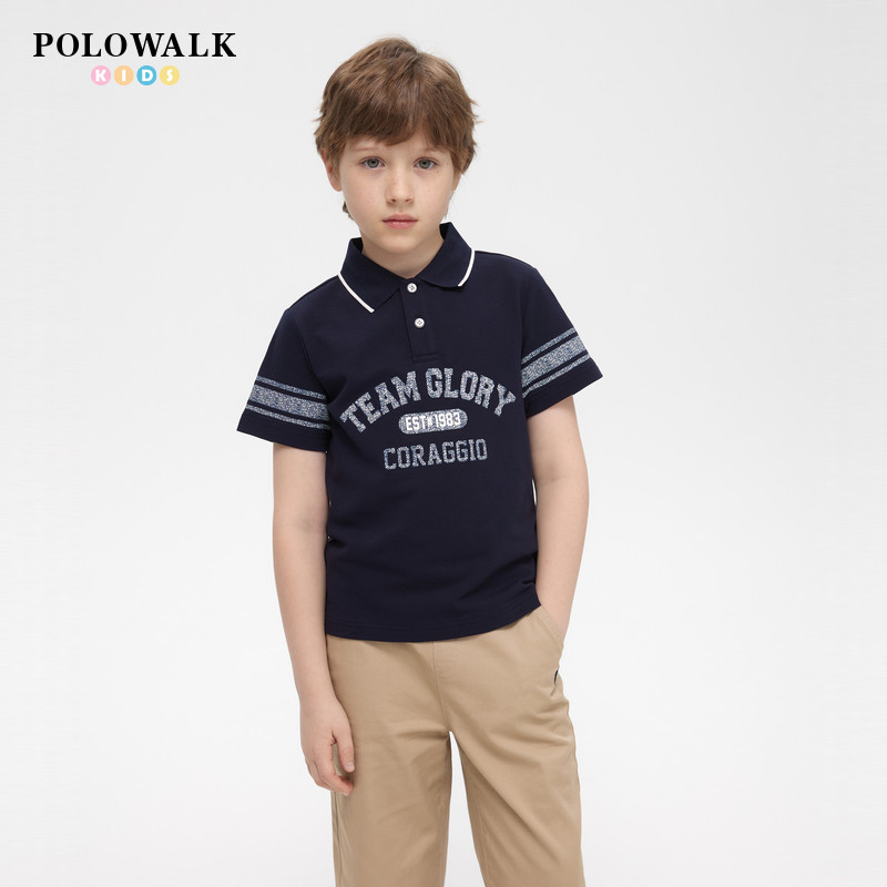 POLOWALK童装男童T恤2026夏季新品珠地翻领POLO衫印花短袖上衣