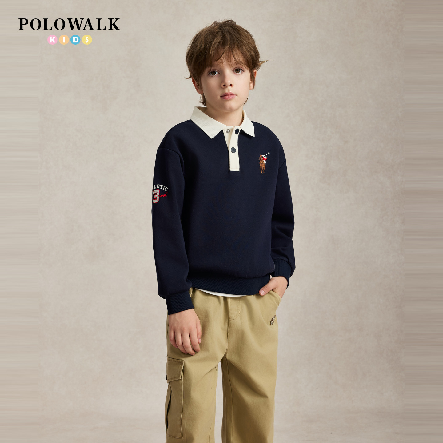 POLOWALK男童卫衣早秋新品撞色翻领中大童时尚刺绣字母印花套头衫