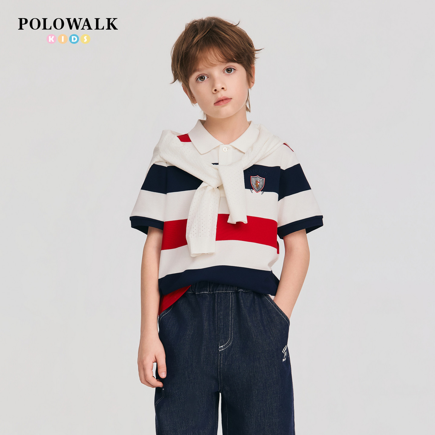 POLOWALK童装2026夏季新品男童短袖T恤条纹POLO衫翻领儿童上衣