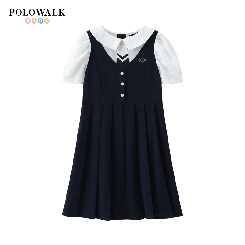 POLOWALK童装2025新品夏季女童短袖连衣裙大翻领学院风