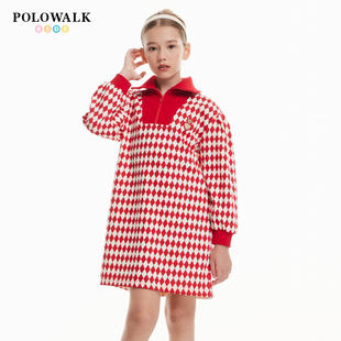 POLOWALK童装女童长袖连衣裙2026春夏新款翻领菱格印花红色裙子女