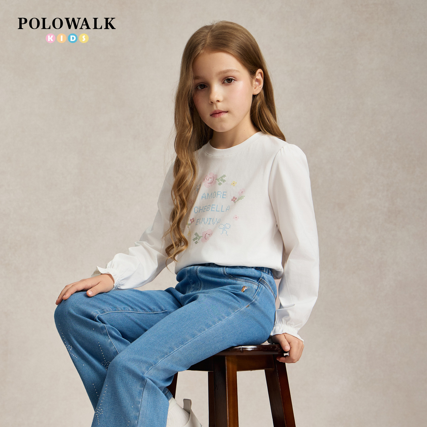 【100%棉】POLOWALK童装2026秋季新品女童长袖T恤印花圆领打底衫