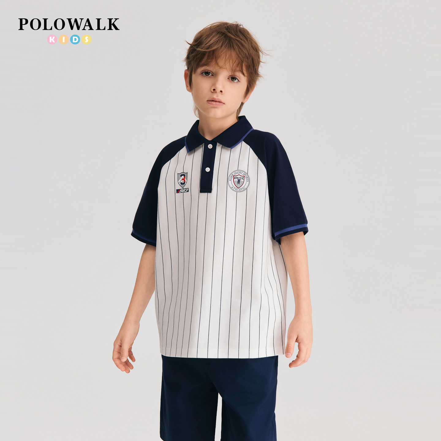 POLOWALK童装26夏季新品男童短袖T恤撞色POLO衫条纹翻领儿童上衣