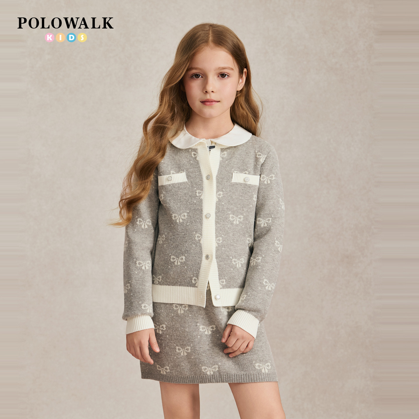 POLOWALK女童提花针织套装2026秋季蝴蝶结圆领开衫短裙两件套