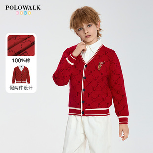 POLOWALK童装男童假两件针织衫2025年秋冬儿童学院风红色纯棉毛衣