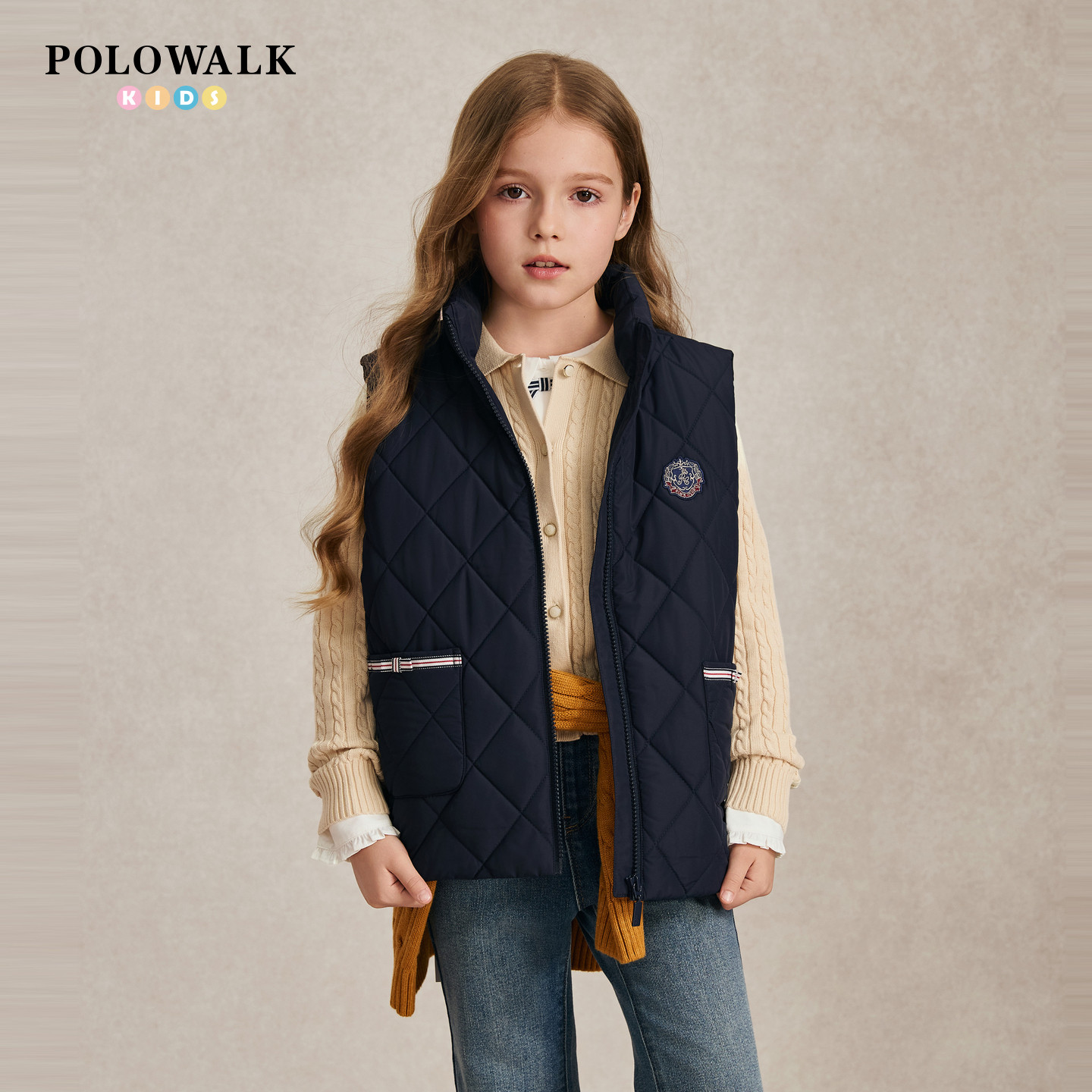 POLOWALK女童马甲秋季新品经典立领菱格夹棉款儿童休闲外搭上衣