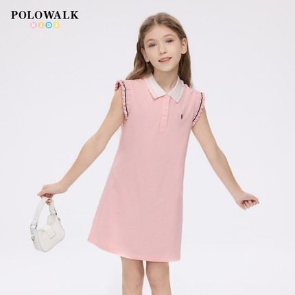 POLOWALK童装女童短袖连衣裙2025夏季新品大童小香风纯色公主长裙