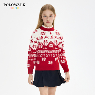 POLOWALK童装女童针织衫25秋冬新品半高领长袖新年红色提花毛衣