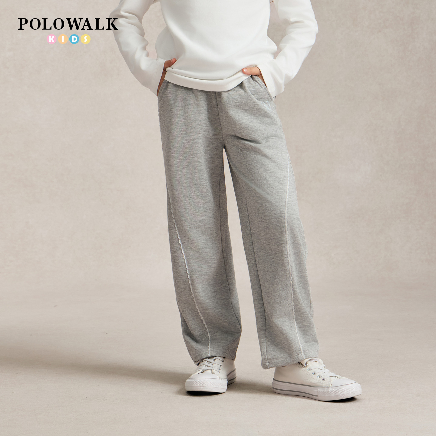 POLOWALK女童卫裤2026秋季新款松紧腰阔腿花边织带印花休闲长裤