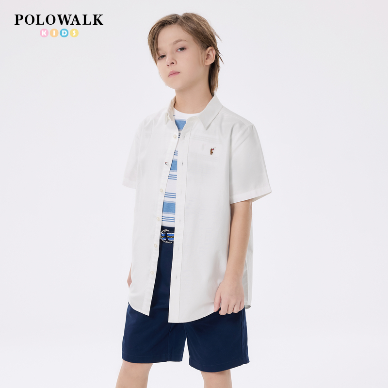 POLOWALK童装男童短袖衬衫2025夏季新品牛津纺面料翻领衬