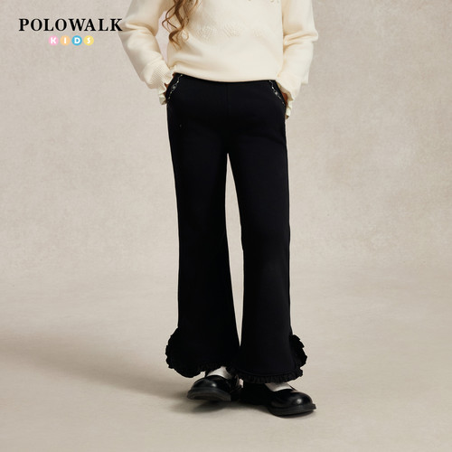 POLOWALK女童卫裤秋冬款木耳边显瘦微喇裤甜美百搭加绒休闲卫裤