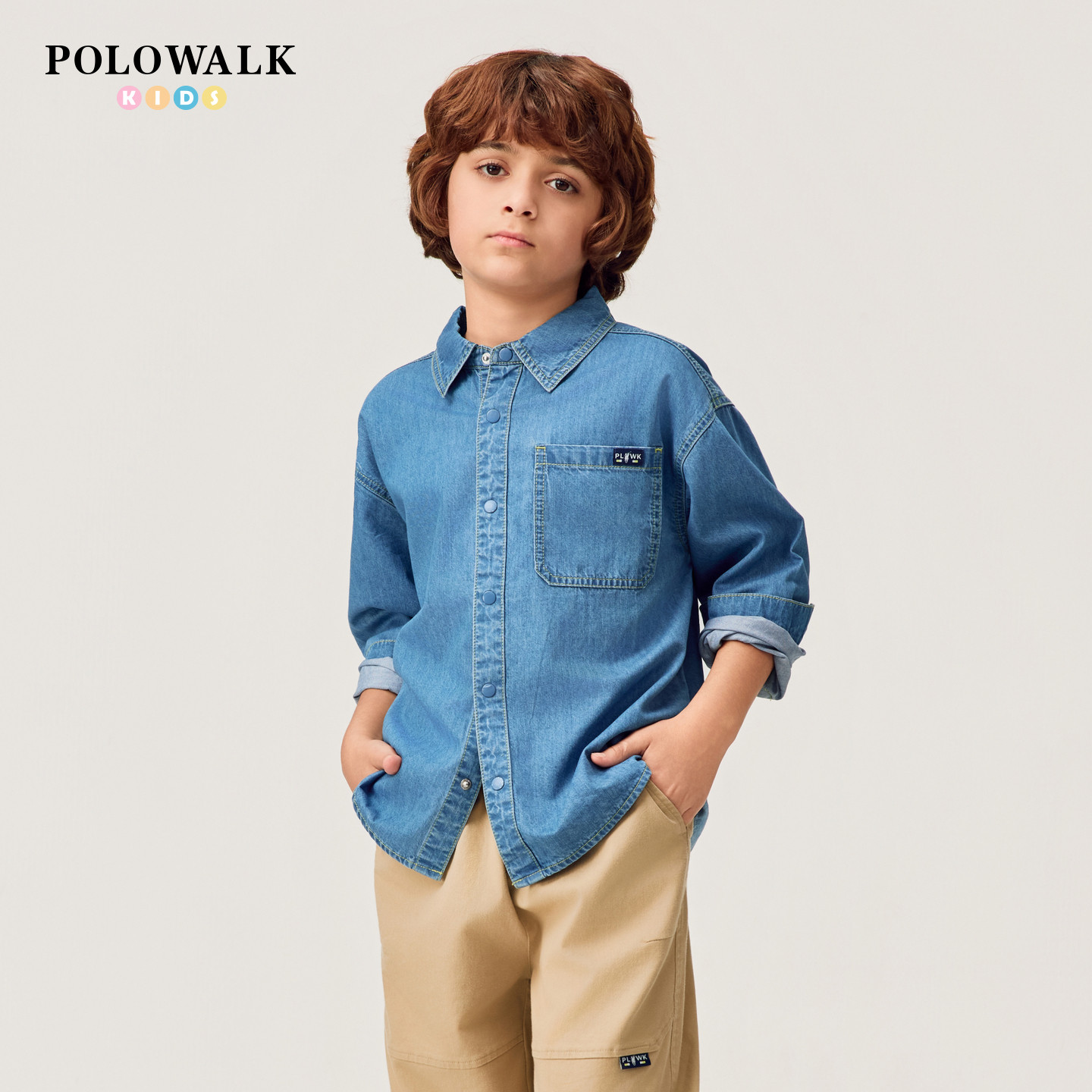 【100%棉】POLOWALK童装男童衬衫2026年春季新品翻领牛仔长袖上衣