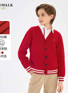 POLOWALK童装男童V领针织衫2025秋冬新款中大童针织开衫红色毛衣