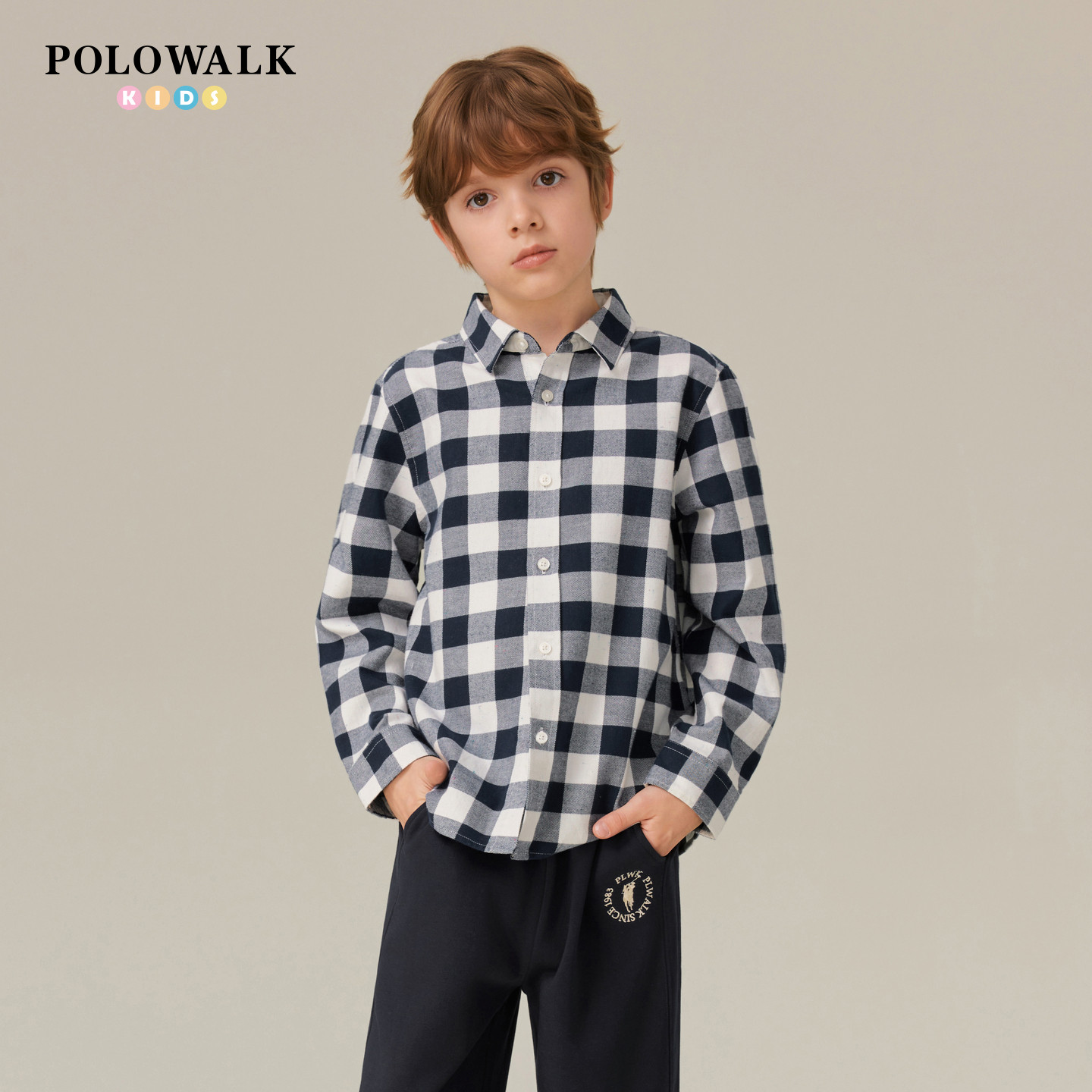 【100%棉】POLOWALK童装男童长袖衬衫2025秋冬格子长袖外套磨毛