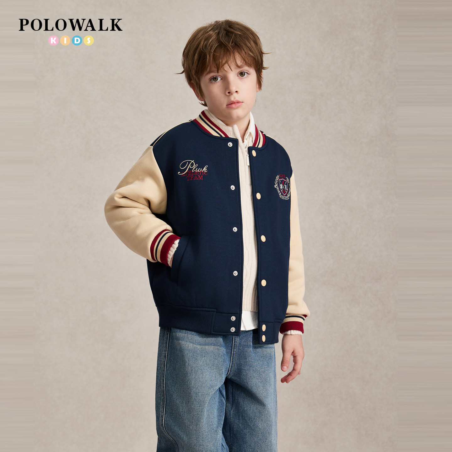 POLOWALK男童撞色棒球领外套2026秋季新款马仔刺绣学院风棒球服
