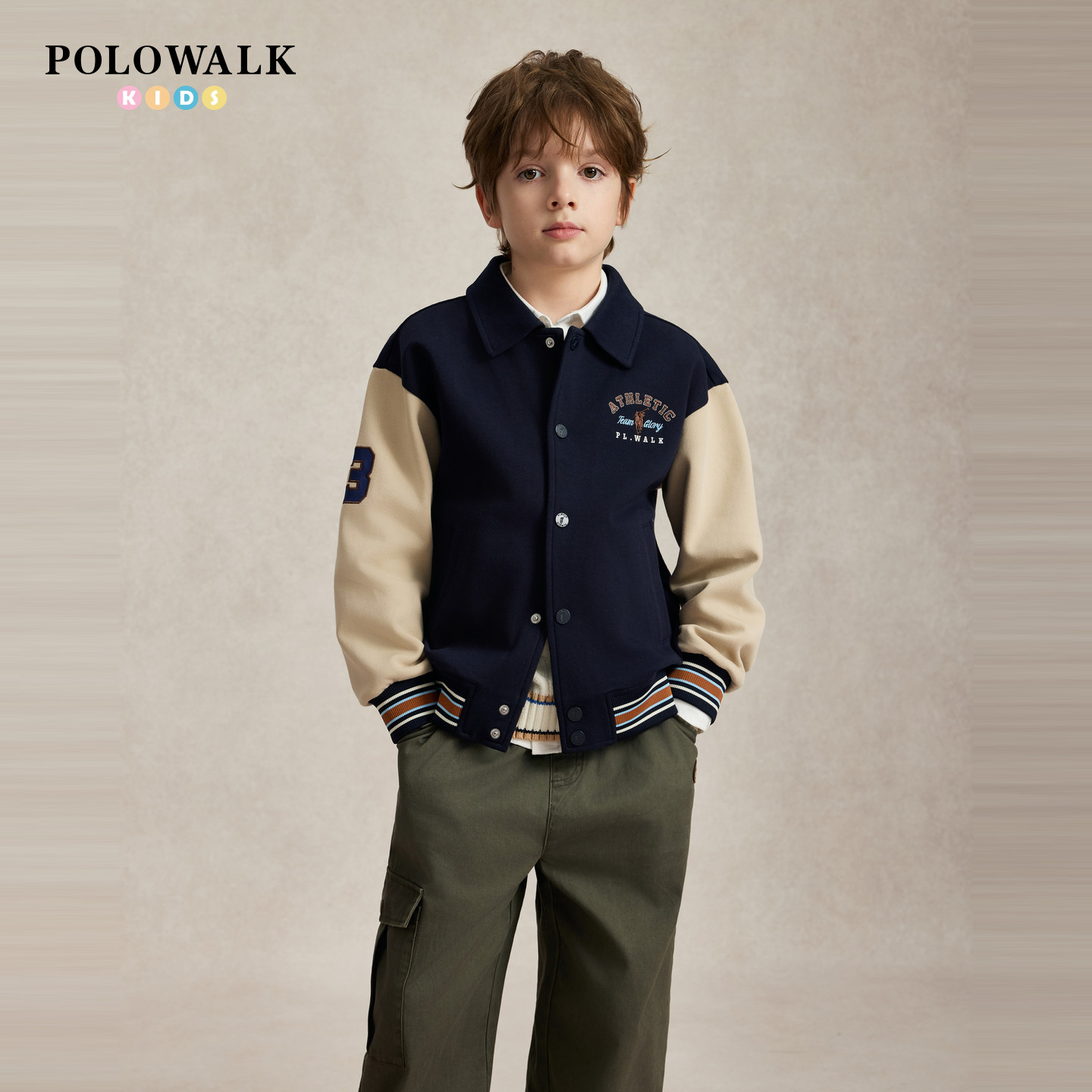 POLOWALK男童外套2026秋季新款翻领撞色棒球服字母刺绣休闲夹克图片