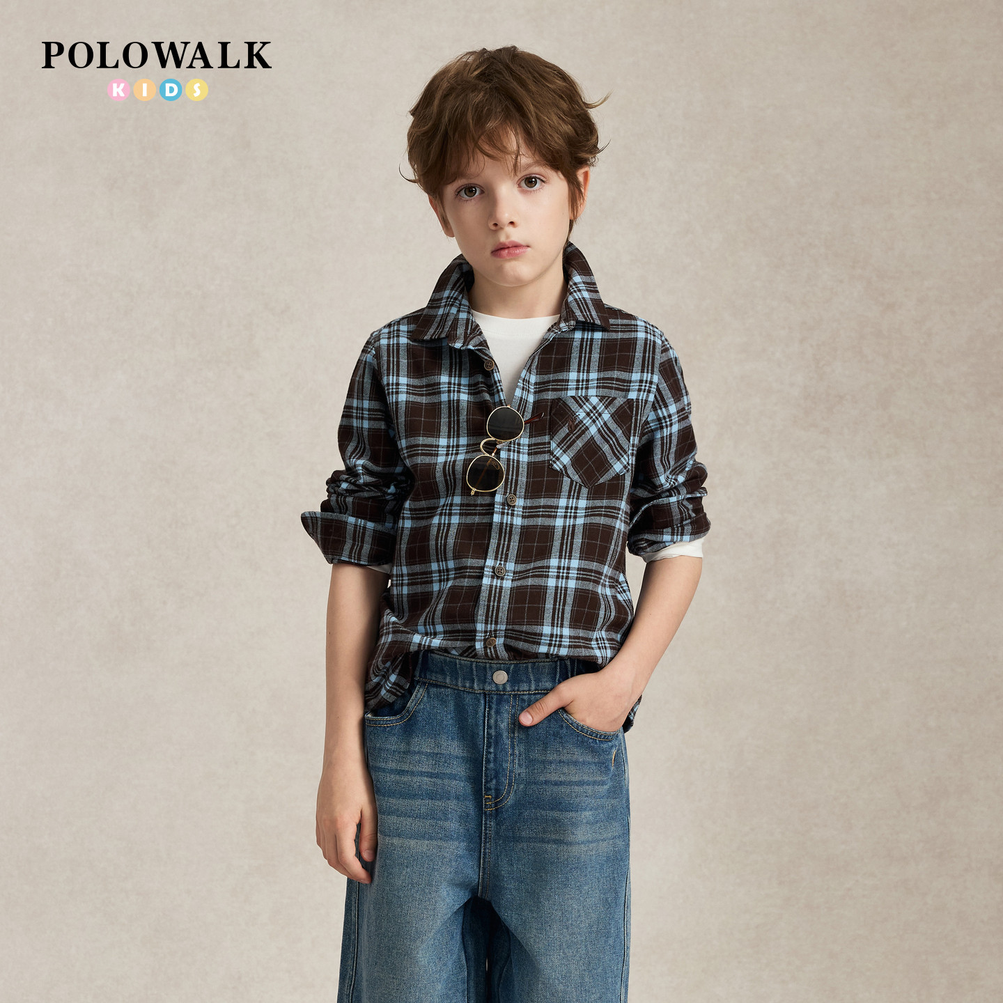 【100%棉】POLOWALK童装2026秋季新品男童长袖衬衫复古风格子衬衫