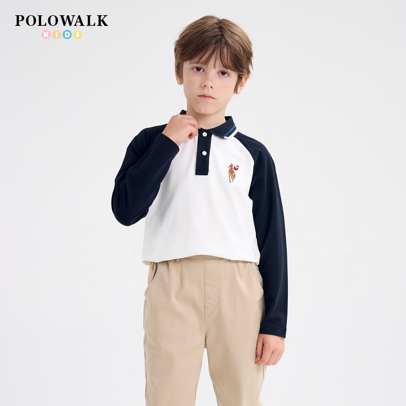 POLOWALK童装男童长袖T恤打底衫2025秋冬款男童polo领学院风上衣