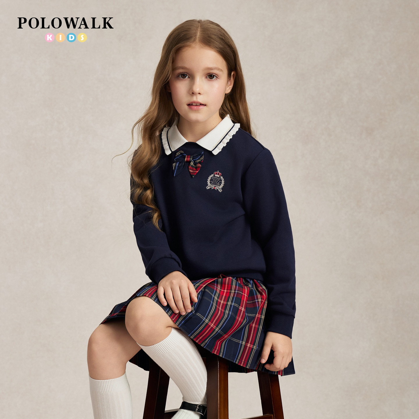 POLOWALK童装2026秋季新品女童卫衣学院风卫衣时尚翻领儿童上衣