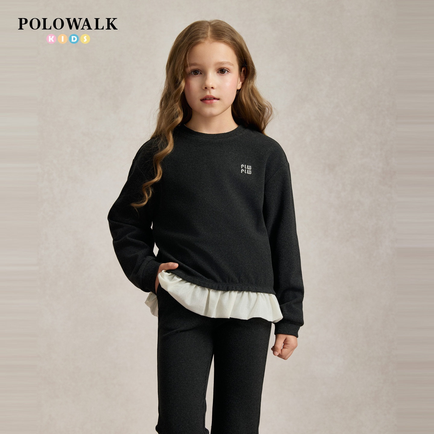 POLOWALK女童卫衣早秋新品下摆雪纺拼接中大童圆领刺绣女孩套头衫