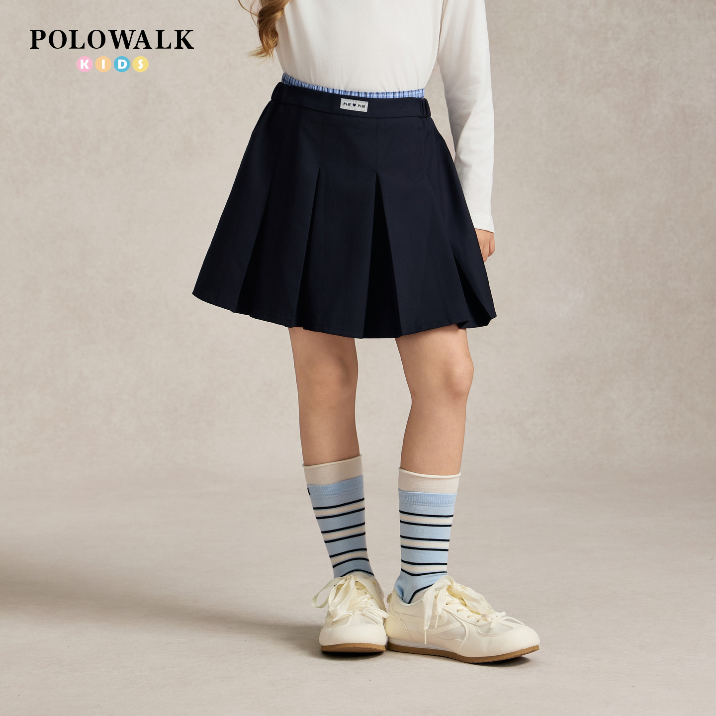 POLOWALK童装2026秋季新品女童半裙松紧腰半身裙A字休闲百褶裙
