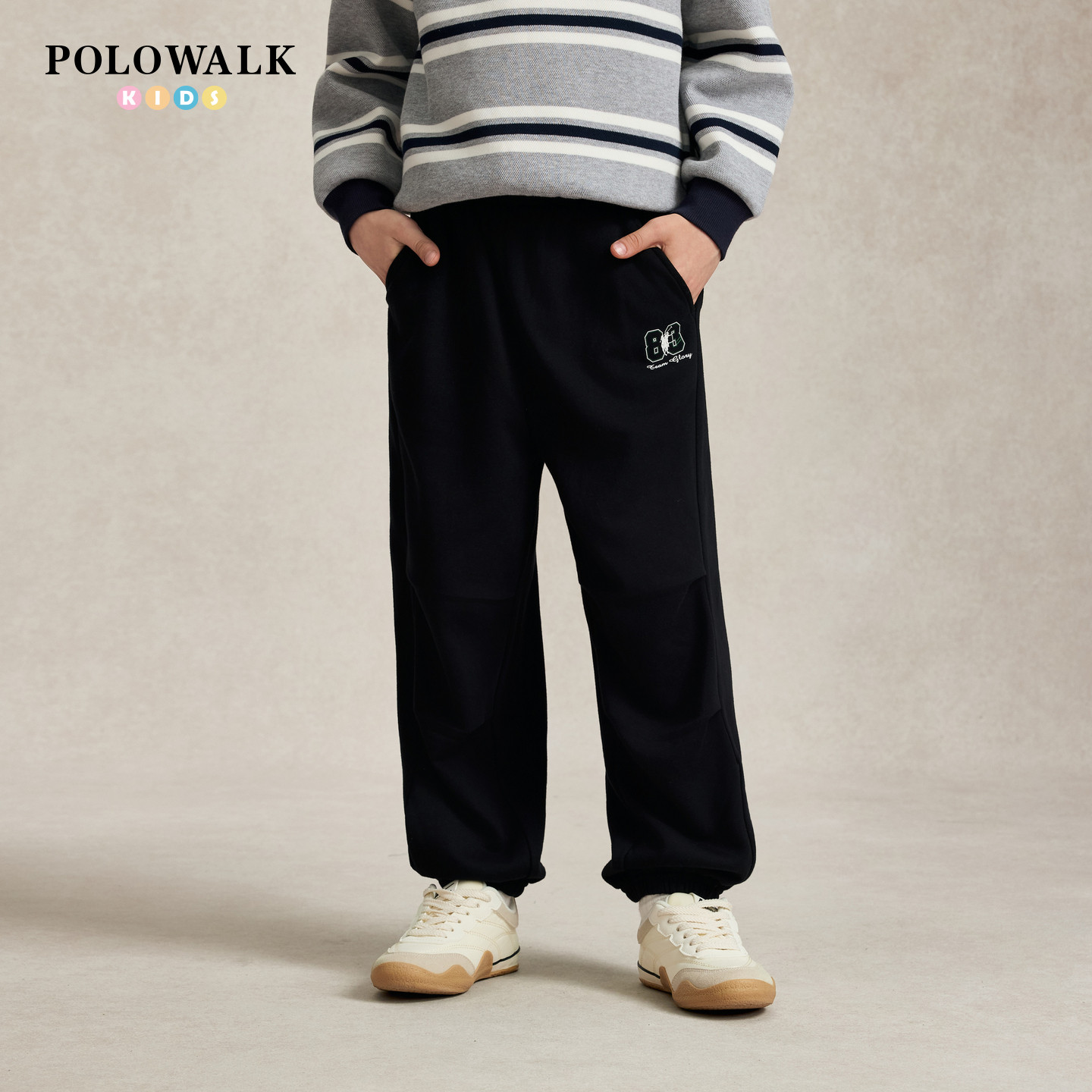 POLOWALK男童卫裤秋季新品罗纹腰束脚口中大童马仔印花运动裤子