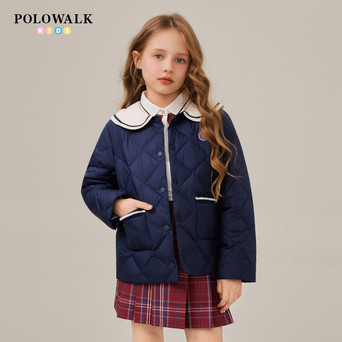 POLOWALK女童翻领短款羽绒服2026秋冬新款儿童学院风保暖外套童装