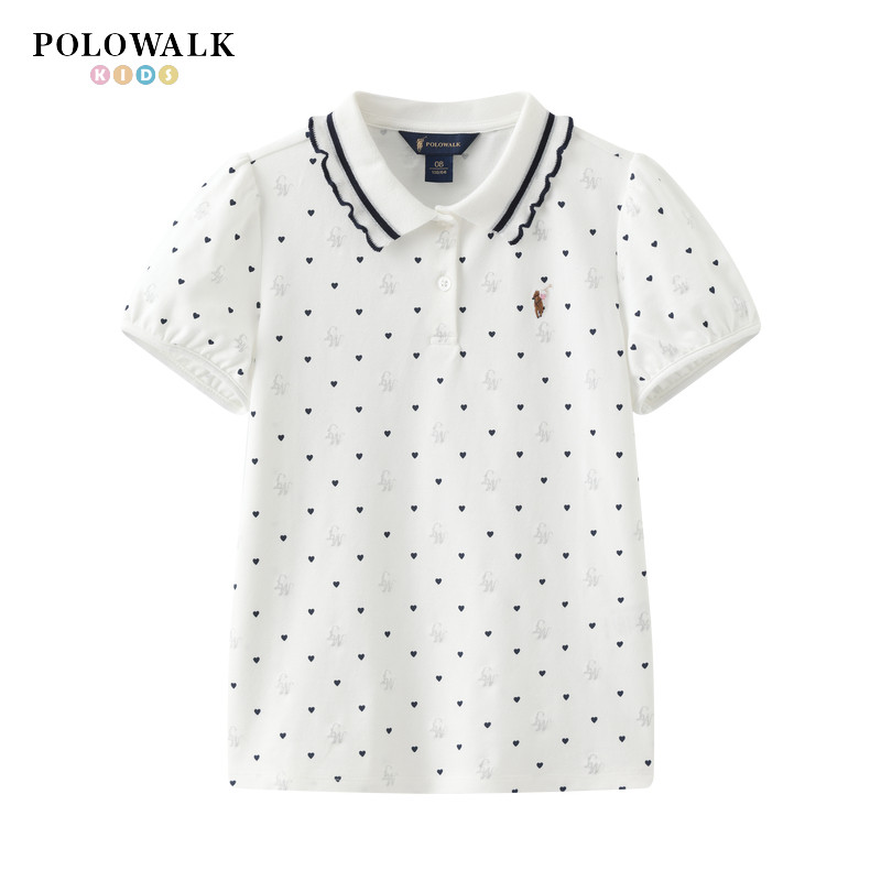 POLOWALK童装2026新品夏季女童短袖T恤白色翻领T恤爱心印花上衣