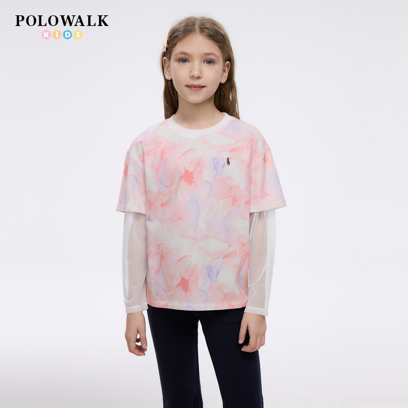 POLOWALK童装女童纯棉T恤2026春季新款圆领假两件印花长袖打底衫