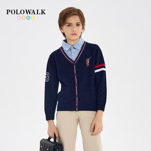 POLOWALK童装男童针织衫2025秋冬新款假两件线衫学院风毛衣套头衫