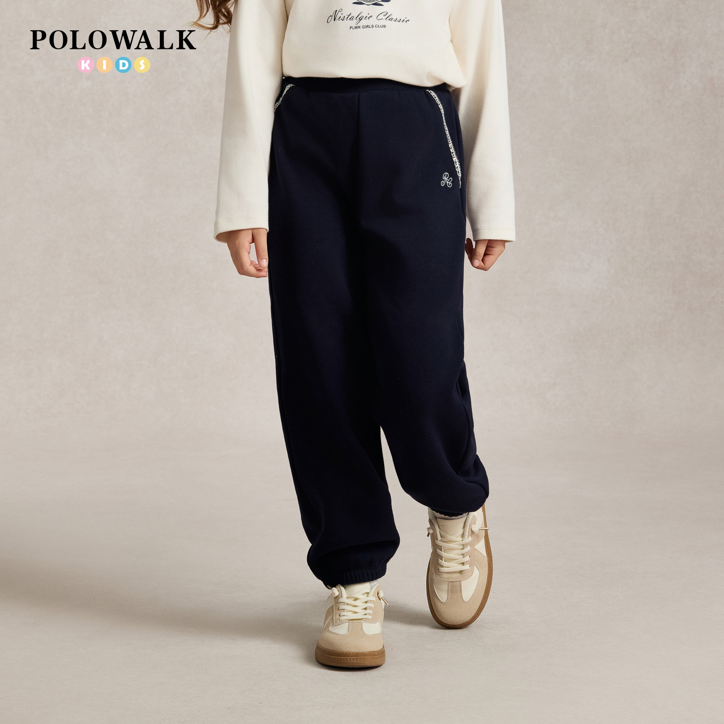 POLOWALK女童卫裤秋冬新款斜边撞色织带中大童加绒束脚休闲长裤
