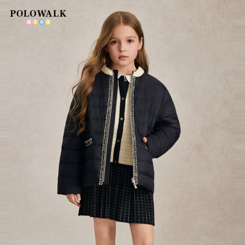 POLOWALK女童羽绒服秋冬新款小香风织带拼接中大童轻薄羽绒外套
