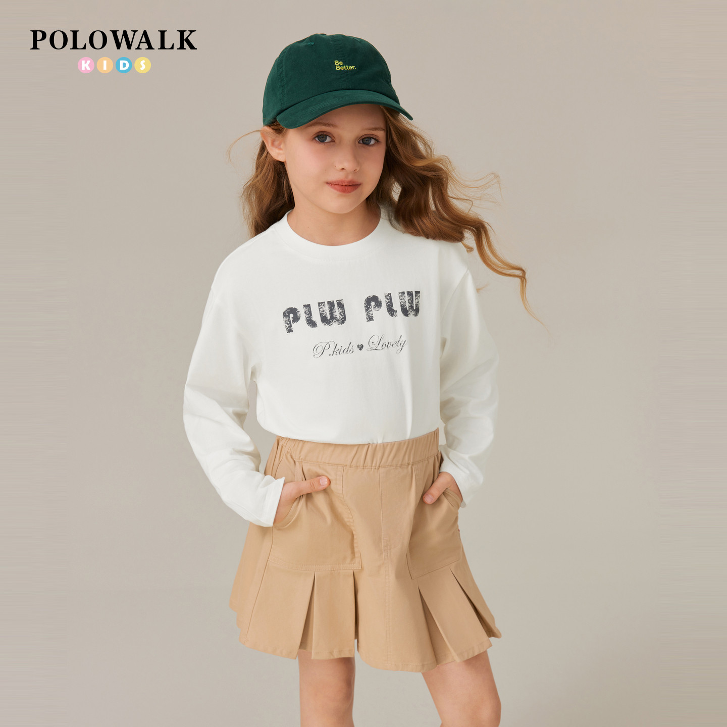 POLOWALK童装女童长袖T恤2026春季新品简系印花中大童百搭上衣