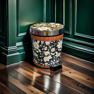 中古风皮革垃圾桶美式 复古高颜值脚踩带盖家用大容量垃圾桶