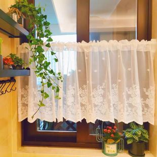 纱帘薄纱窗帘半帘短帘美式门遮丑蕾丝纱帘遮挡帘透光魔术贴免打孔