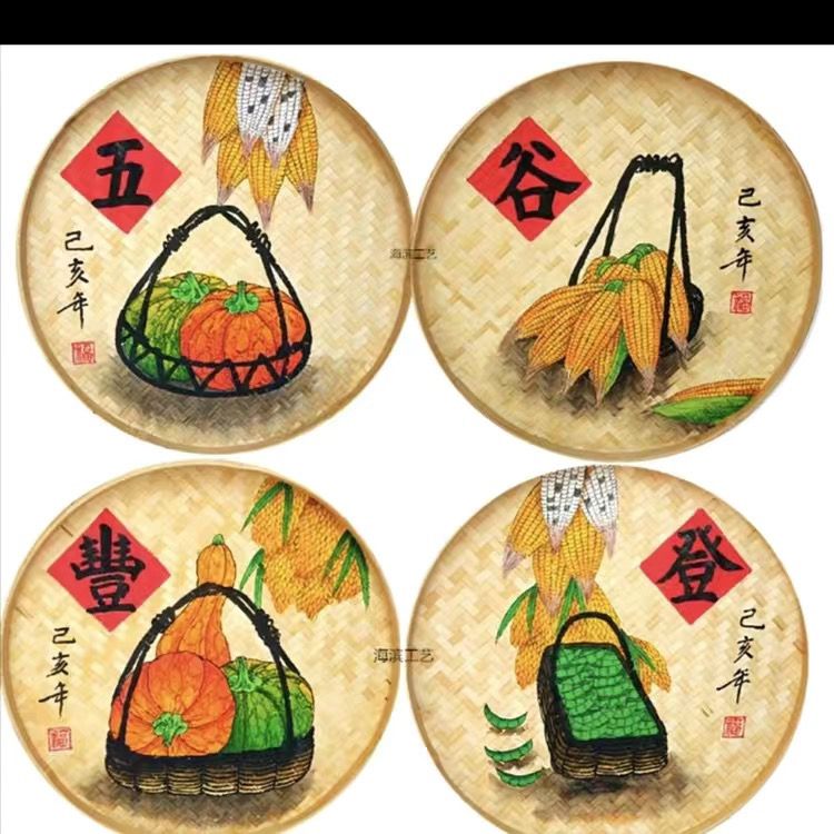 竹编竹制品手绘簸箕画餐馆饭店墙面装饰农庄农家乐墙壁饰画复古图片