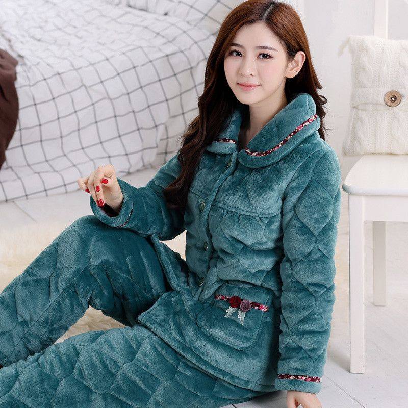南极人珊瑚绒夹棉睡衣女冬三层加厚加绒秋冬季加棉保暖家居服套装
