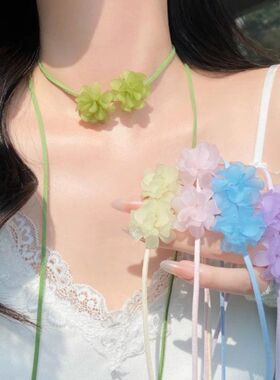 蓝色花朵项链多巴胺山茶花锁骨链女款夏日系脖花朵丝带项链度假风