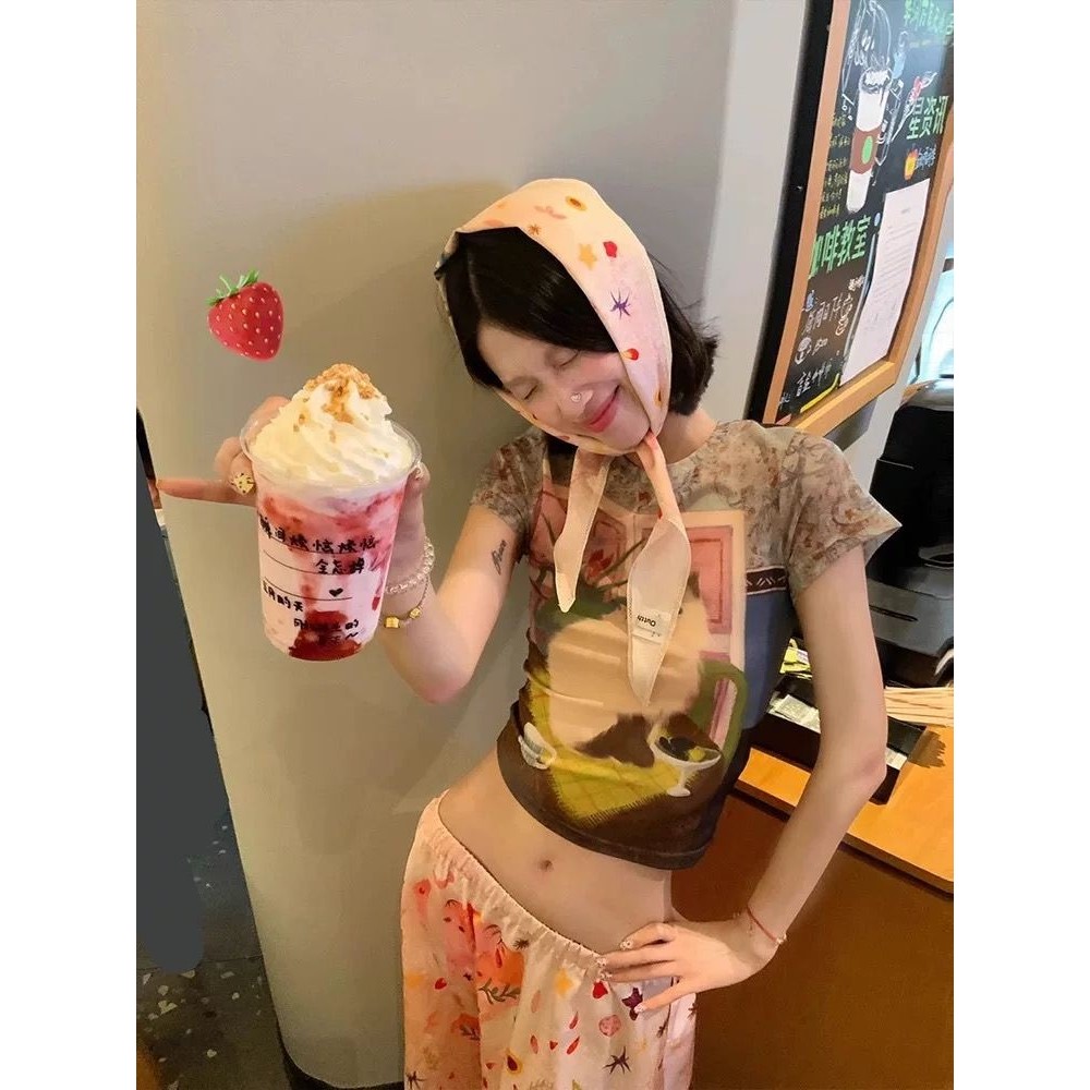 美式复古猫咪网纱印花正肩短袖t恤女夏季小个子修身显瘦短款上衣