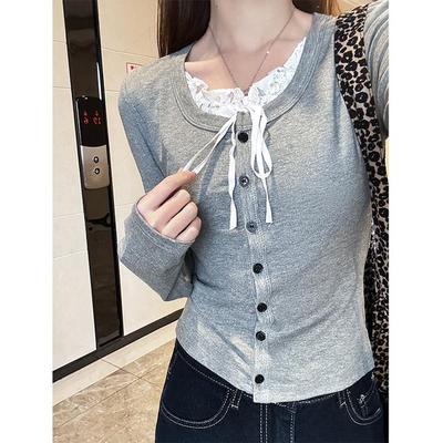 2025早春款纯欲风单排扣假两件长袖打底衫女蕾丝拼色T恤韩版上衣