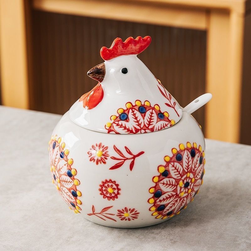 公鸡调味罐家用调料盒大容量新款陶瓷组合佐料盒盐罐辣子罐防潮