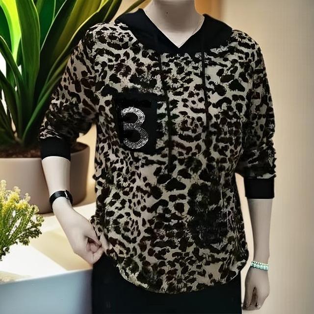 秋季新款连帽拼色烫钻打底衫中年妈妈宽松显瘦上衣T桖