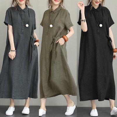 Women Cotton Linen Pocket Dress Korean O-Neck Short Sleeve L