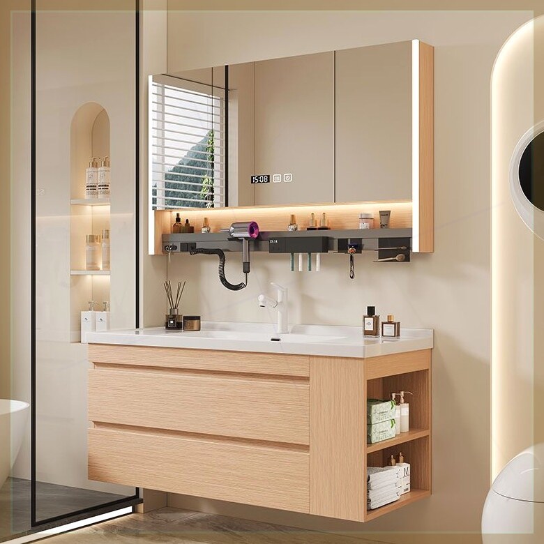 原木风浴室柜组合侧边收纳陶瓷一体盆实木日式小户型卫生间洗漱台